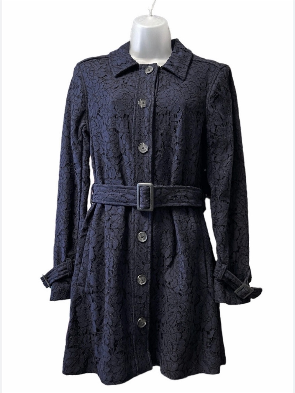 NWT Cupcakes and Cashmere Aldean Lace Trench Coat Dark Blue Women XS $178 - Picture 4 of 9